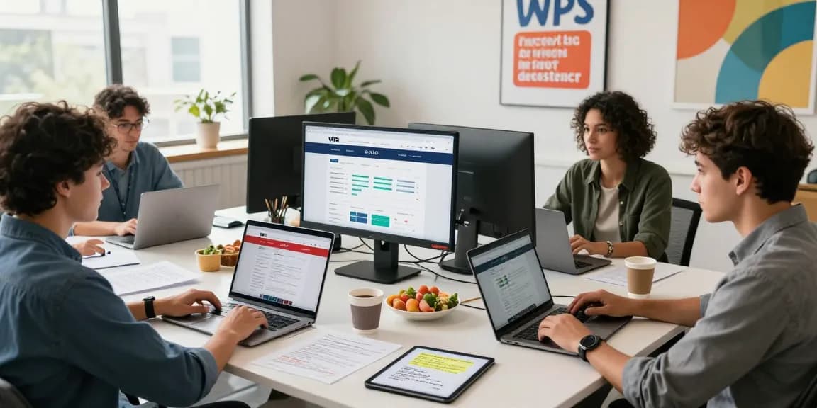 Collaborative team working on WPS Official Website in a modern workspace, showcasing productivity.
