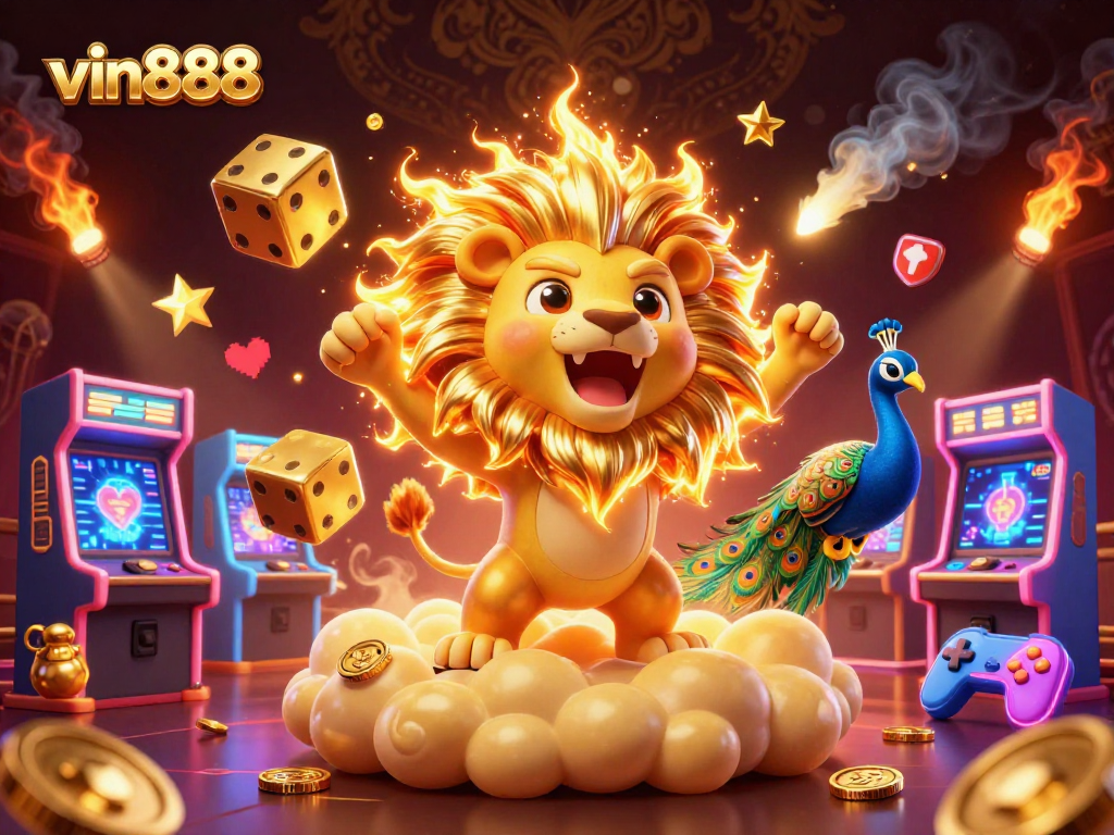 Experience the thrill of vin888 in this vibrant 3D casino illustration with dynamic game elements.