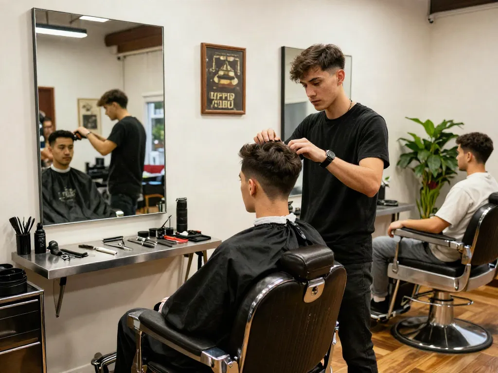 Barbershop scene featuring the stylist and a customer, highlighting rokok88's grooming excellence