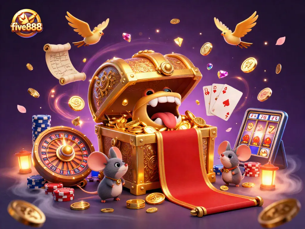 Experience thrilling wins with five888 in this vibrant casino illustration depicting treasure and gaming action.