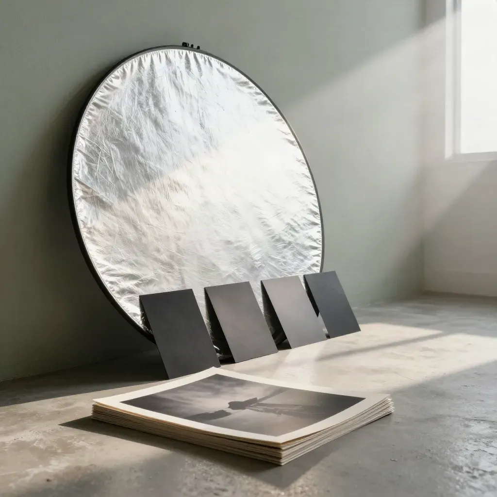 Studiotavla med ljusdiffusion, reflexskärm och flaggor i morgondimma.