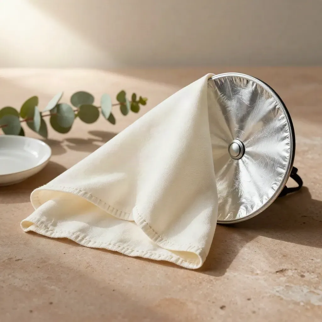 Diffusionsscrim, silverreflektor, keramikskål och eukalyptus på varm putty-bordsskiva.