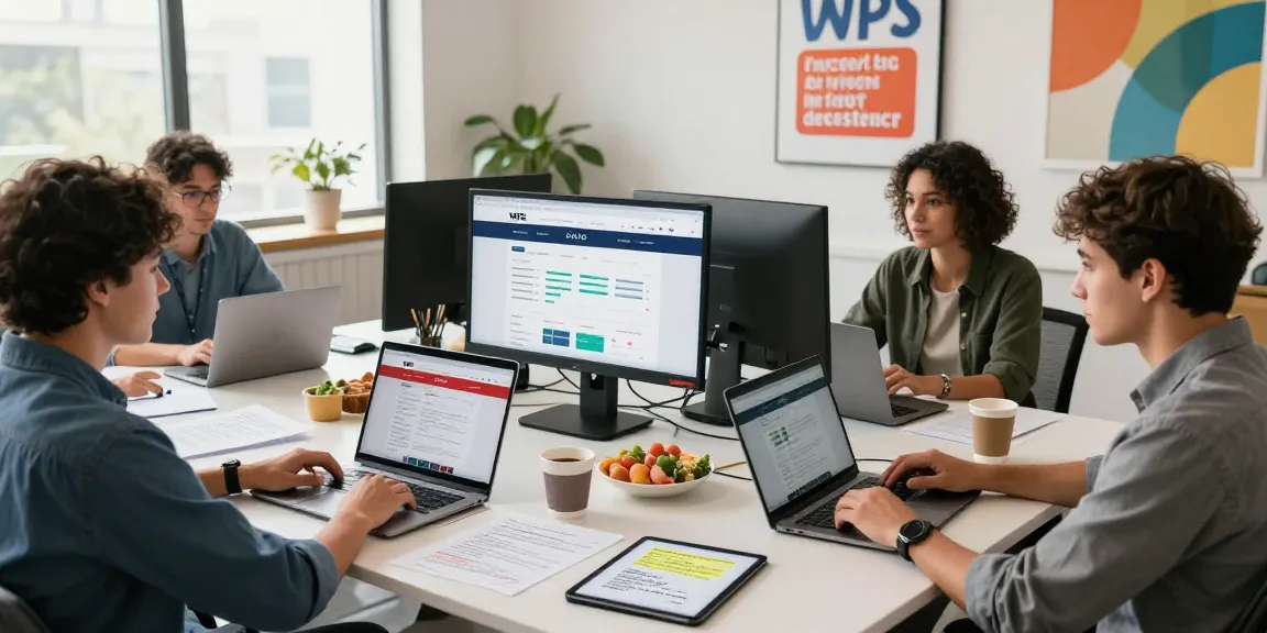 Collaborative team working on WPS Official Website in a modern workspace, showcasing productivity.