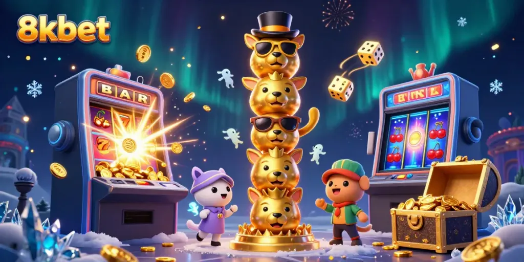 Engage with 8xbet's vibrant casino scene featuring a golden totem pole, bursting slot machine, and dynamic game elements.